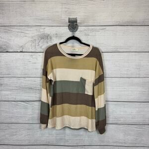 Hopely Plus Size Brown & Green Ribbed Long Sleeve Striped Top Size Small